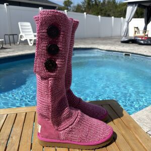 UGG Cardy Knit Sweater Tall Or Short Boots Button Pink Womens US Size 6